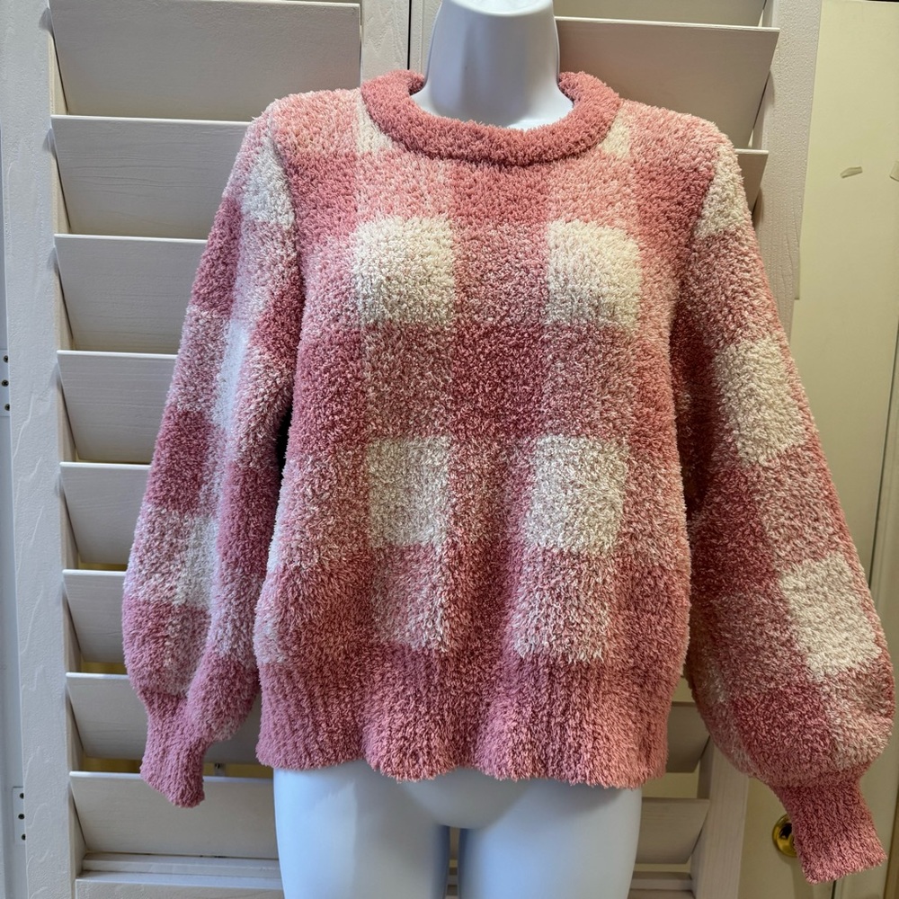 LC Lauren Conrad Cozy Pink Cream Plaid Long Sleeve Thick Knit Sweater Womens L